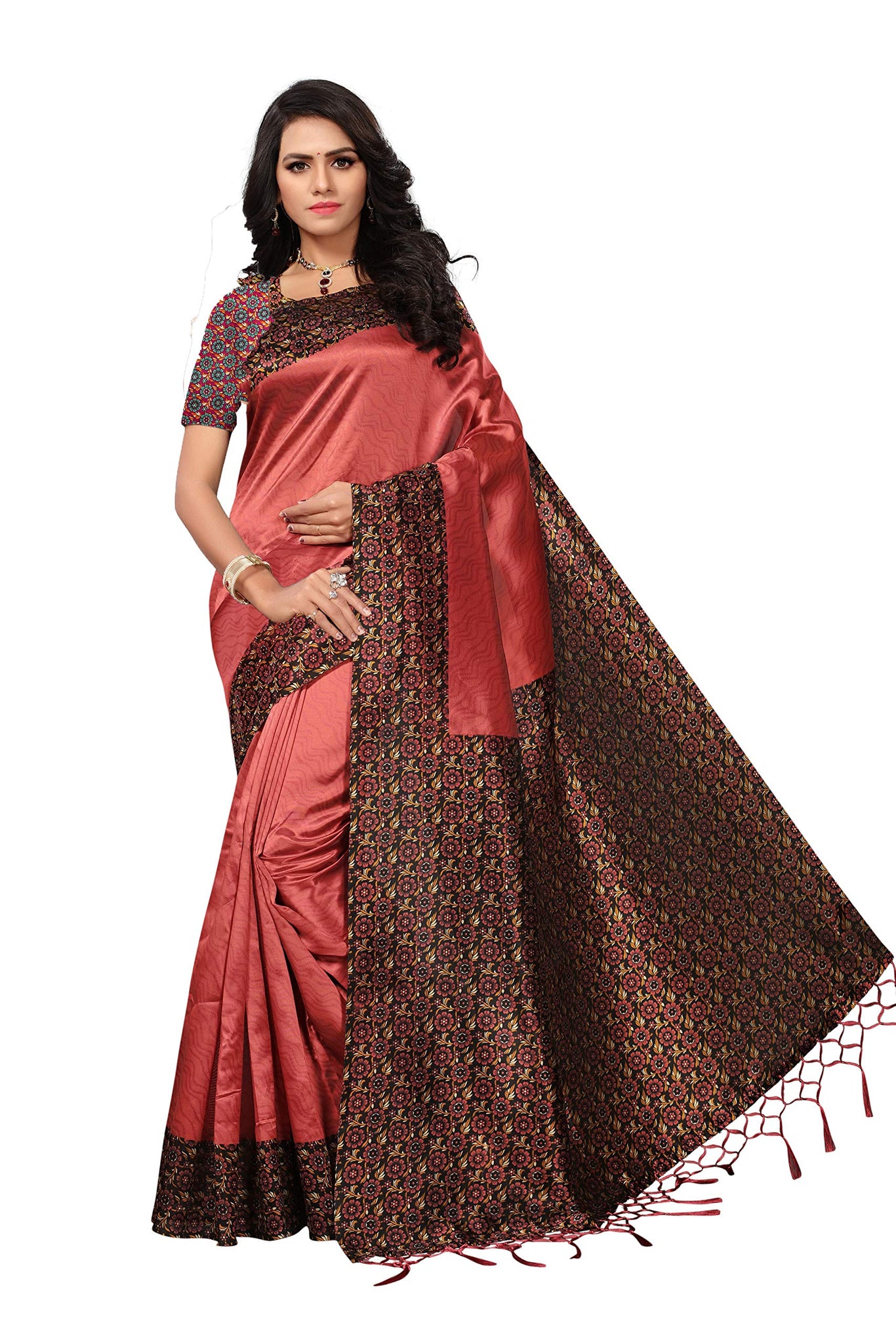 Anni Designer Women'S Saree Mysore Silk Peach & Multi Printed With Tassels Border Saree With Blouse,Peach & Multi,Free Size