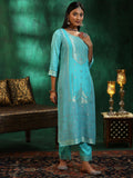 Libas Womens Woven Design Silk Blend Straight Kurta With Trousers And Dupatta Turquoise Blue Xl 49276