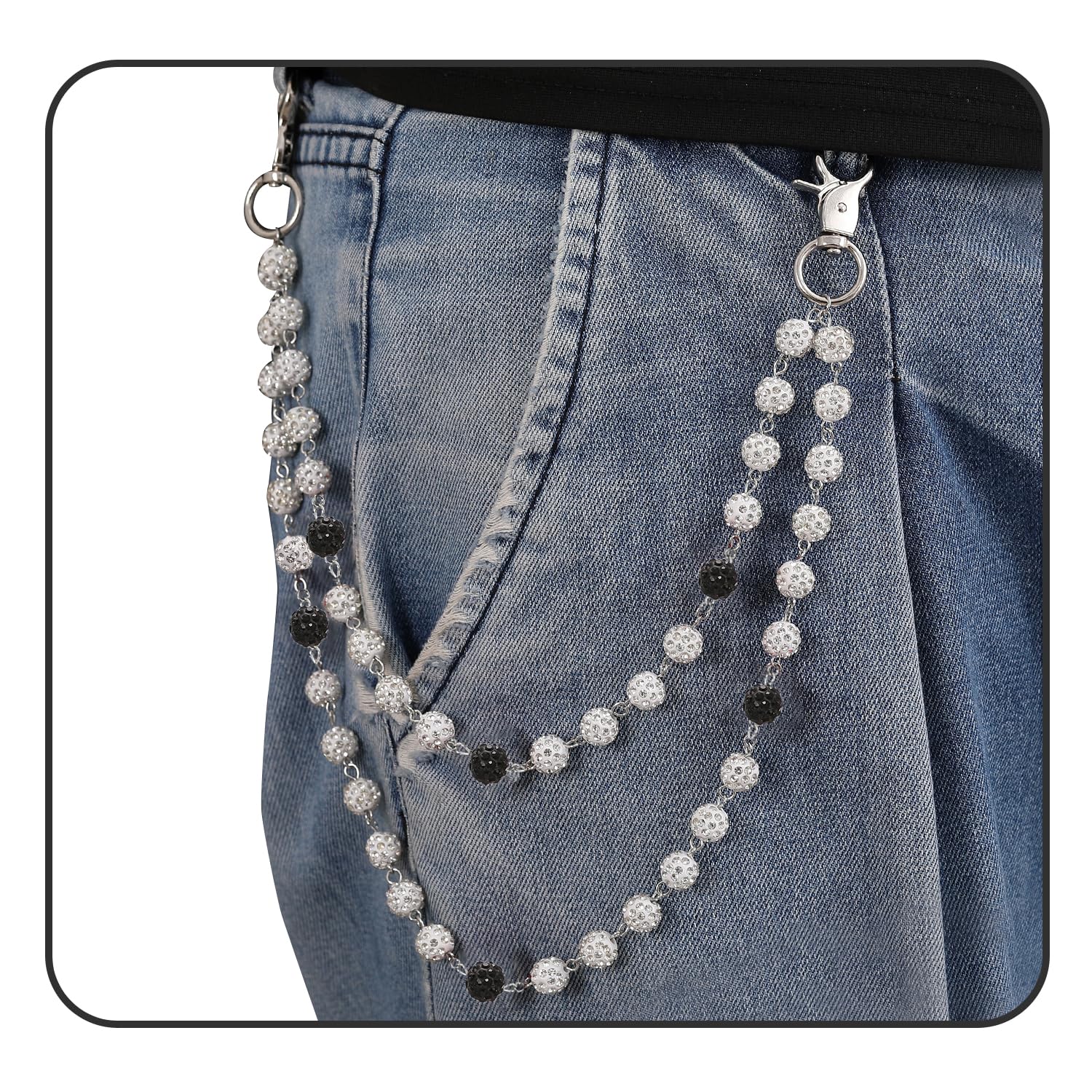 Wallet Chain Pants Pocket Chain for Men Biker Jeans Pocket Belt Trousers Loop Black White Beaded Disco Rhinestone Beads Hip Hop 