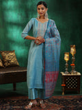 Libas Womens Yoke Design Silk Blend Straight Kurta With Trousers And Dupatta Turquoise Blue L