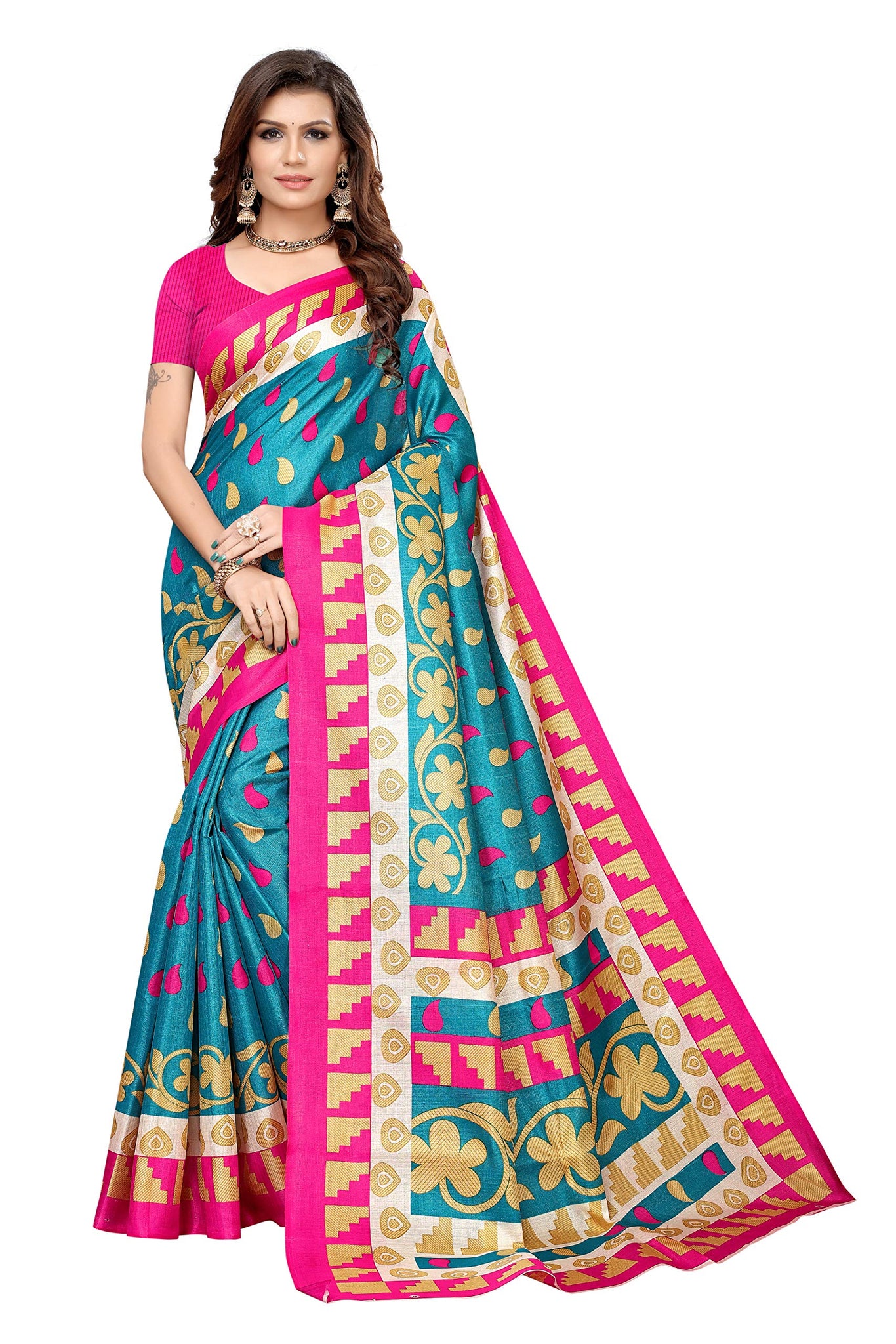 Gosriki Women'S Sky Blue Color Art Silk Printed Saree With Blouse Piece(The Shape-Skyblue_Free Size),Sky Blue,,B0821BYS4B
