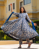 Anni Designer Women'S Rayon Blend Bagru Printed Anarkali Kurta With Pant & Dupatta (Sukhkarni-Blue_M_Blue_Medium),Blue,M,,,
