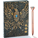 fengco Vintage 3D Phoenix Embossed Leather Writing Journal with Diamond Pen Set,A5,200Pages,Antique Handmade Daily Notepad Sketc