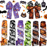 Yuxung 6 Rolls 30 Yards Halloween Wired Edge Grosgrain Ribbon for Wreaths, Bat, Spider Web, Pumpkin Print, Ghost, Witch Hat and 