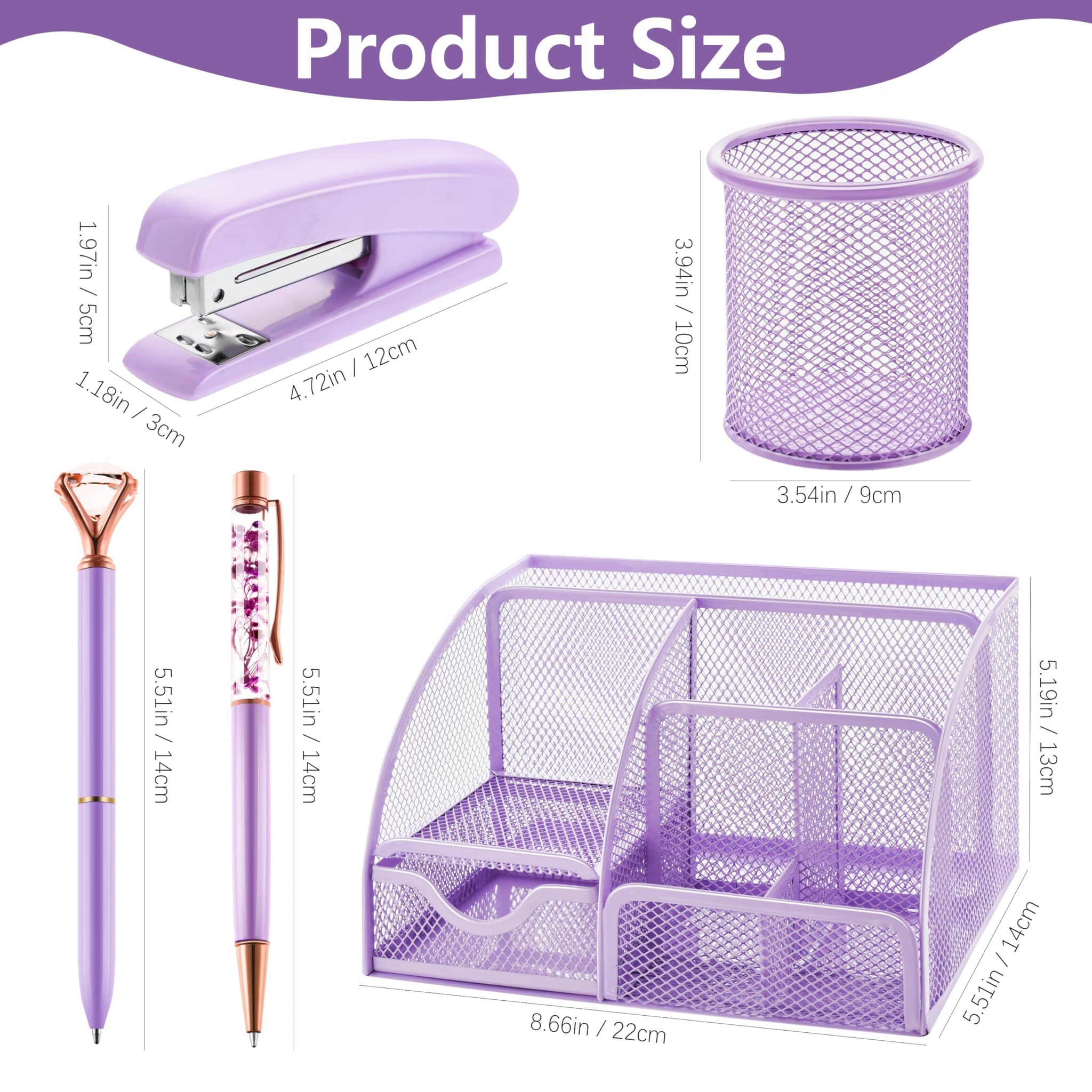 15 Pcs Purple Office Supplies Set Mesh Desk Organizer Accessories Kit Include Stapler Tape Dispenser Staple Remover Clips Ruler
