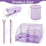 15 Pcs Purple Office Supplies Set Mesh Desk Organizer Accessories Kit Include Stapler Tape Dispenser Staple Remover Clips Ruler