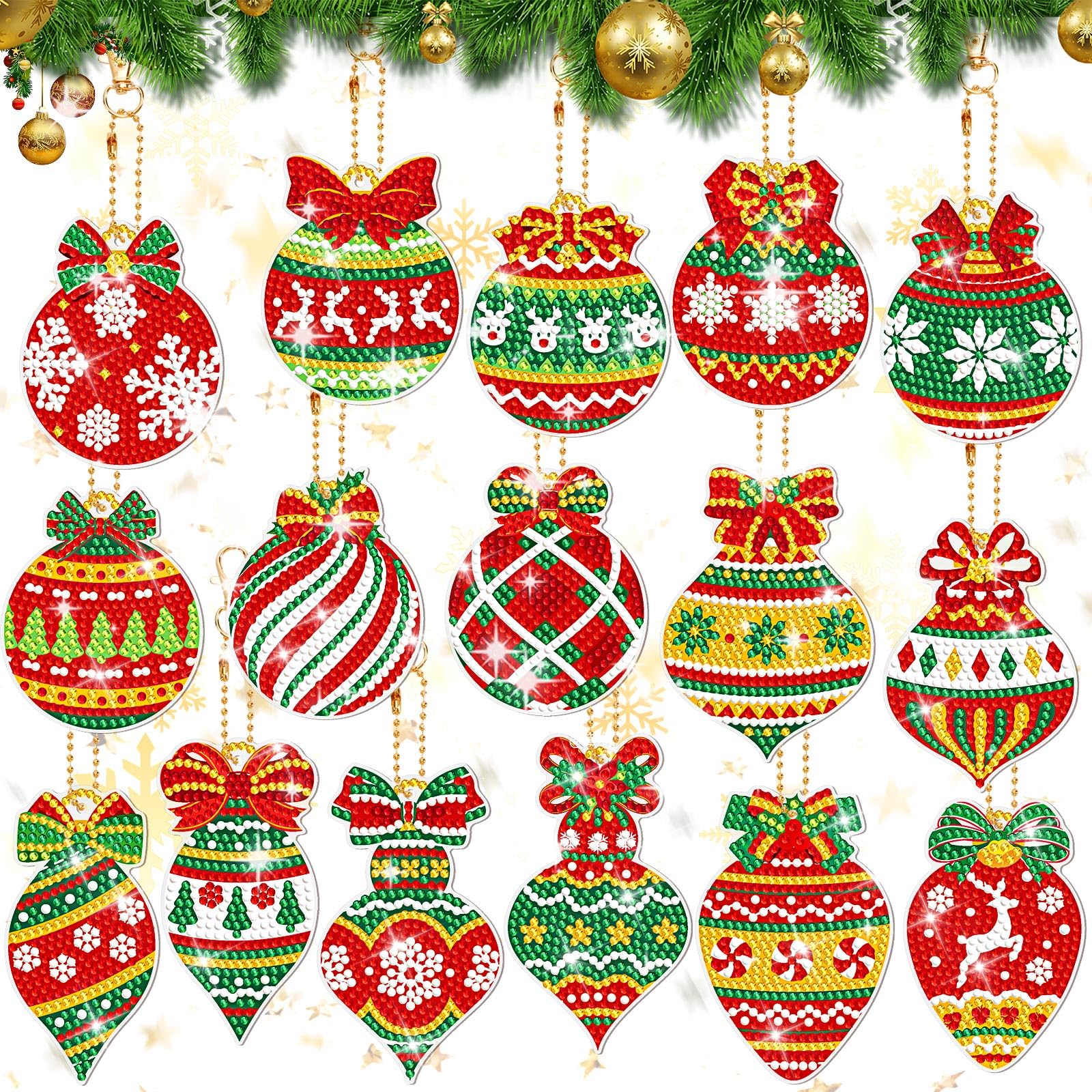 16Pcs Christmas Ball Diamond Art Painting Keychain Kits, 5D DIY Diamond Key Chain Hanging Ornaments Christmas Gift Tags Tree Dec
