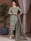 Libas Womens Printed Crepe Straight Kurta With Trousers And Dupatta Grey Xl 36933