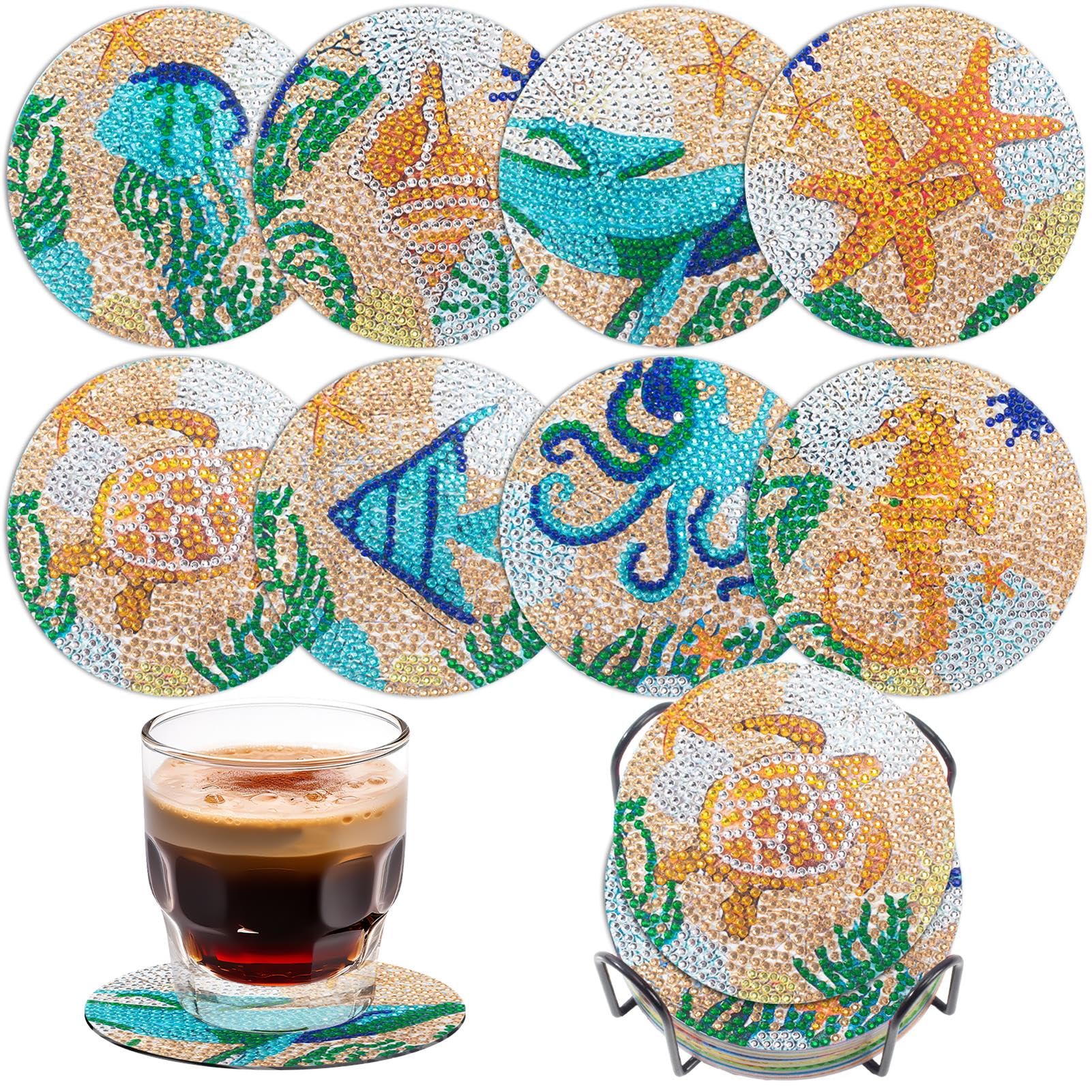 Ocean Diamond Art Coasters Kit for Adults, 8PCS DIY Diamond Painting Coaster Crafts with Holder, Mosaic Gem Art Craft Kits, Diam