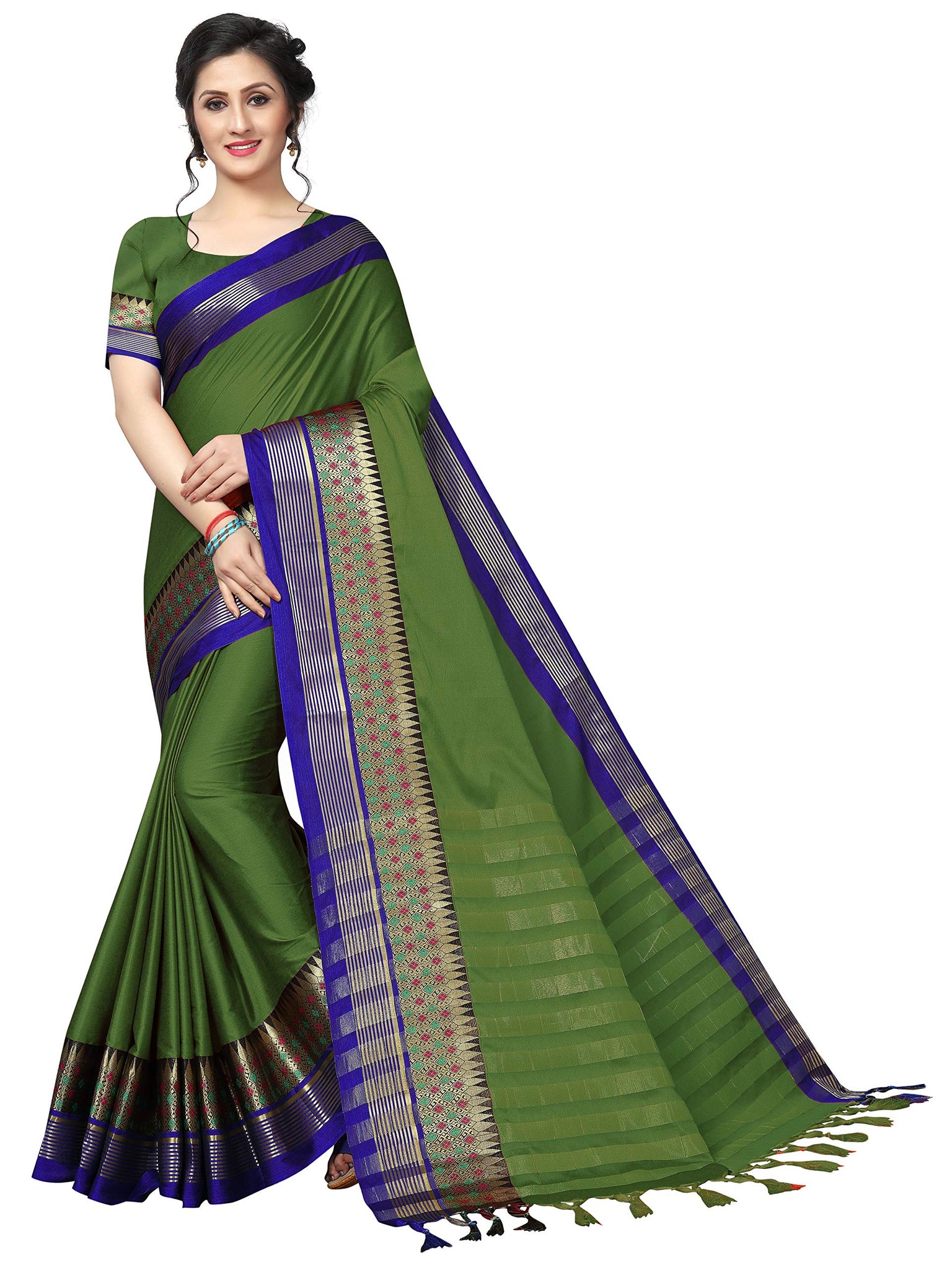 Gosriki Women'S Green Color Cotton Silk Blend Zari Work Saree Border Tassels With Blouse Piece (Meenakari Green_Free Size),Green,,B07P964H69