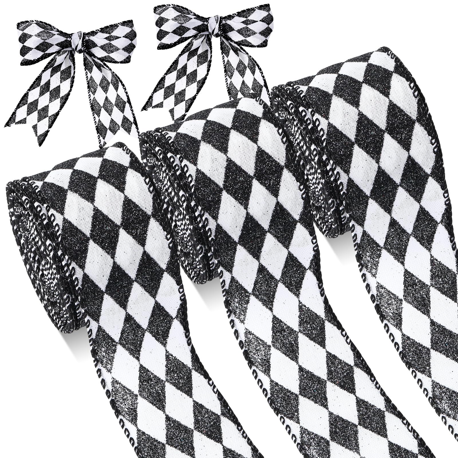 Luinabio 3 Rolls 30 Yard Black White Harlequin Ribbon Checkered Wired Ribbon Decorative for Xmas Fall Tree Wrapping Wreath Bouqu