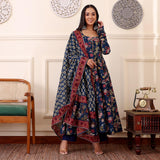 Anni Designer Women'S Rayon Viscose Anarkali Printed Kurta With Pant & Dupatta (Minari Blue_L_Blue_Large),Blue,L,,,