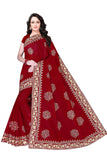 TAMAIRA FASHION Womens Plain Weave Pure Cotton Saree with Heavy Embroidery and stone work Without Blouse Piece (Red)