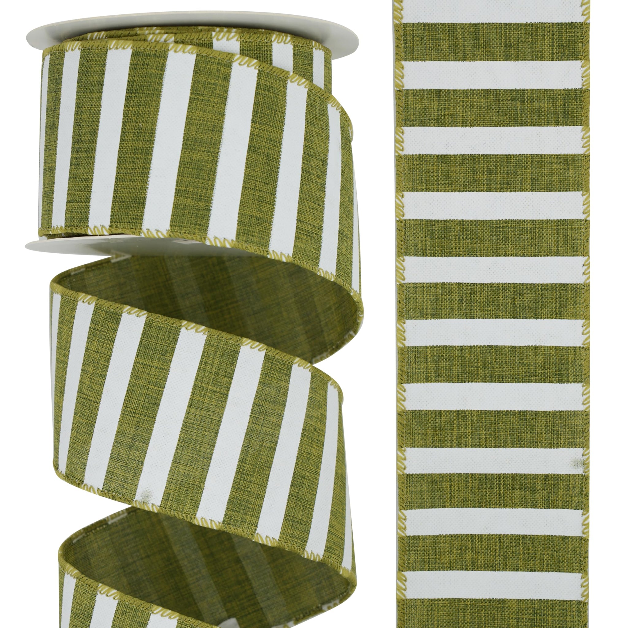 DINDOSAL Moss Green Wired Ribbon 2.5 Horizontal Green White Stripe Burlap Christmas Tree Ribbon Rustic Green Wired Christmas Rib