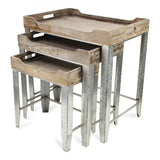 Cheung'S Set Of 3 Gray Wash Wood Top Side Handles And Galvanized Metal Base Nesting Table