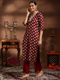 Libas Womens Printed Silk Blend Straight Kurta With Trousers And Dupatta Maroon L 39081B