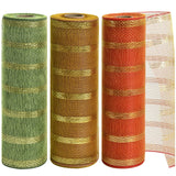 TONIFUL 10 Inch 3 Rolls Orange/Green/Gold Thanksgiving Decorative Mesh Ribbons, Fabric Mesh with Foil for Tree Home Front Door W