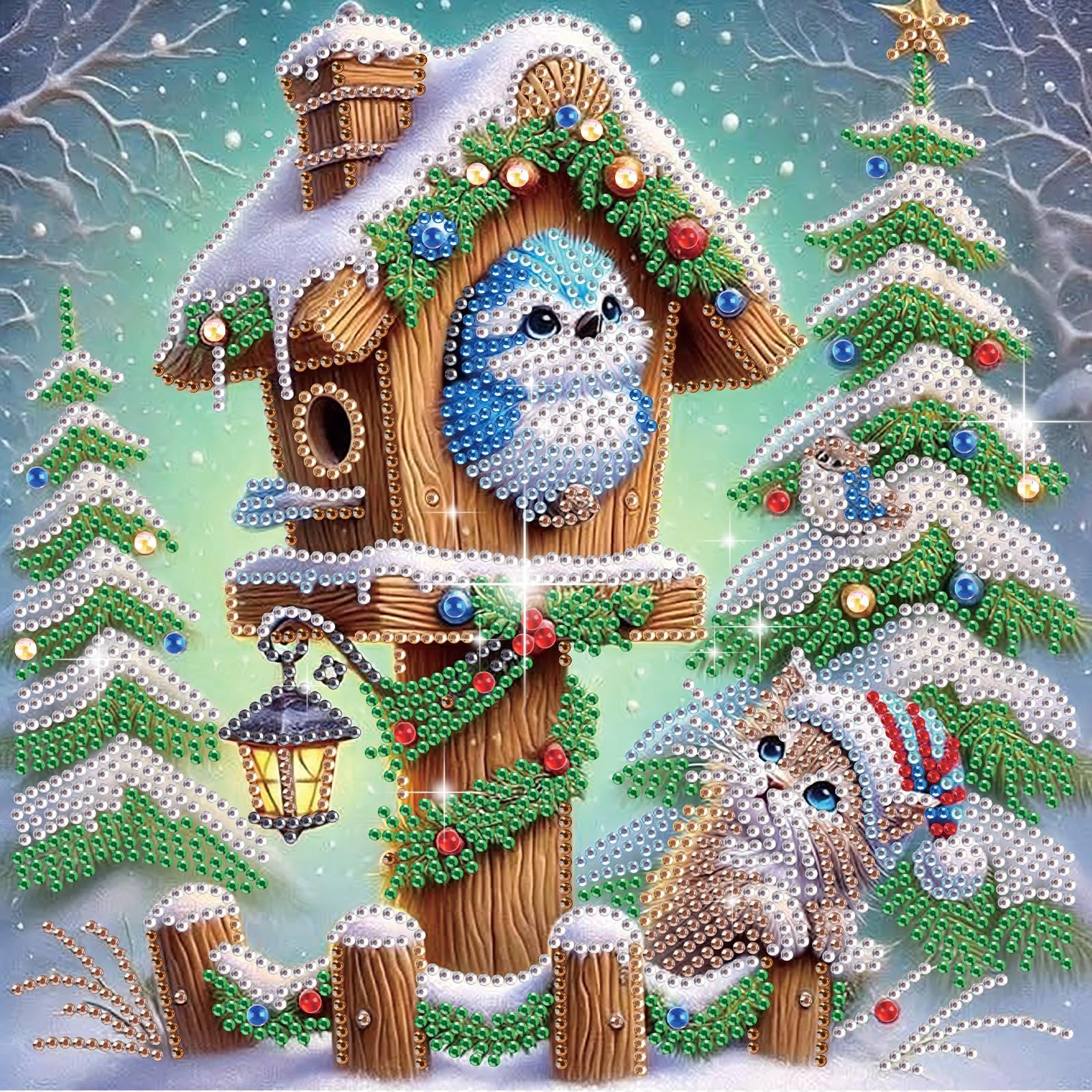 Diamond Painting Bird on Birdhouse with Cat and Christmas Tree, 5D DIY Special Shaped Diamond Art Kits for Adults, Crystal Rhine