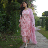 Anni Designer Women'S Cotton Blend Printed Straight Kurta With Pant & Dupatta Pack Of 2 (Combo-Prem Chhapa-Pink_Multicolor_Small),Multicolour,S,,,