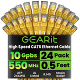 GearIT Cat 6 Ethernet Cable (24-Pack 0.5 Feet) Cat6 Network Patch, 10Gbps, RJ45, Snagless Cord, Gold-Plated Connectors, Internet