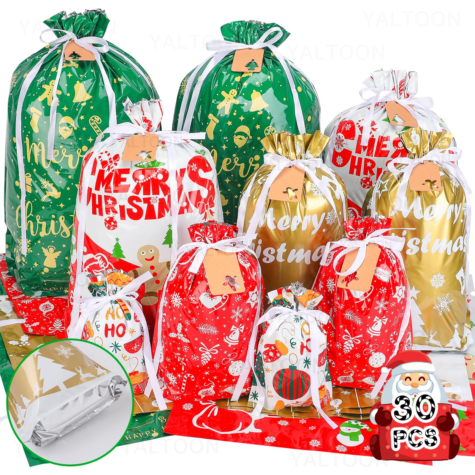 Christmas Gift Bags, 30pcs Christmas Bags for Gifts, Drawstring Christmas Gift Bags Assorted Sizes-Large, Medium, Small, Christm