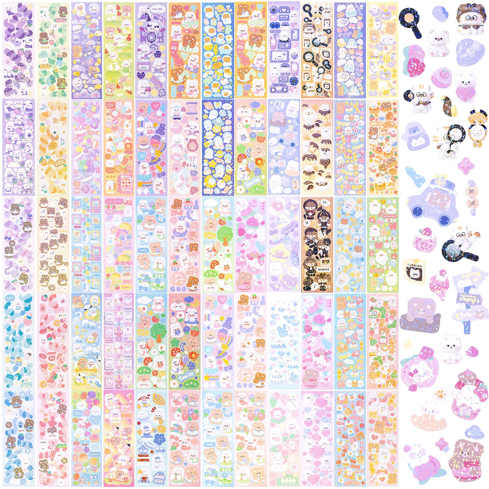 HINZIC 60 Sheets Korean Stickers Kpop Deco Stickers for Photocard Self Adhesive Colorful Stickers Cute Korean Stickers with Rabb
