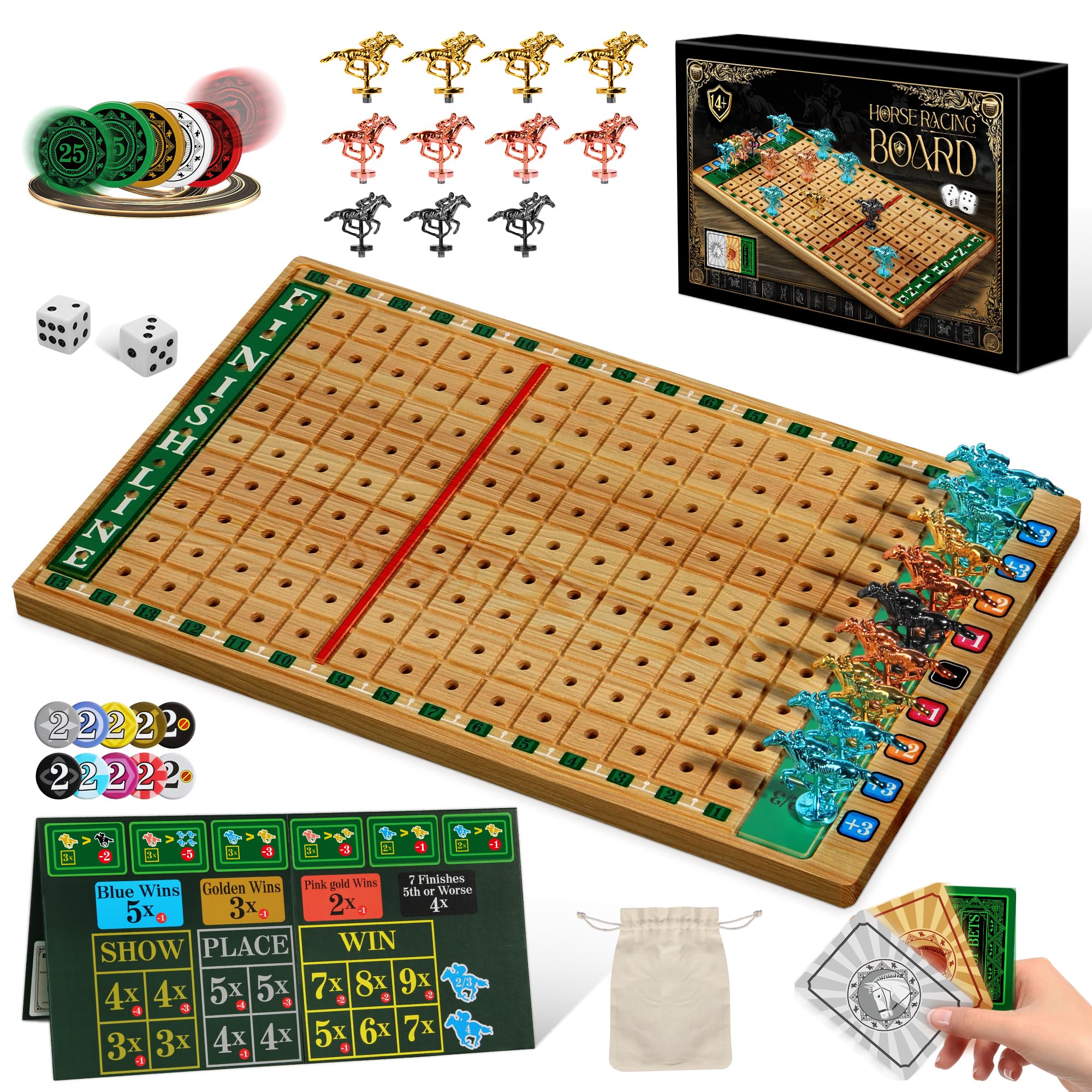 Premium Horse Racing Game with Cards and Dice, Horse Race Betting Board Game for Adult, Thickened Solid Wood with 143 Chips, 9 M