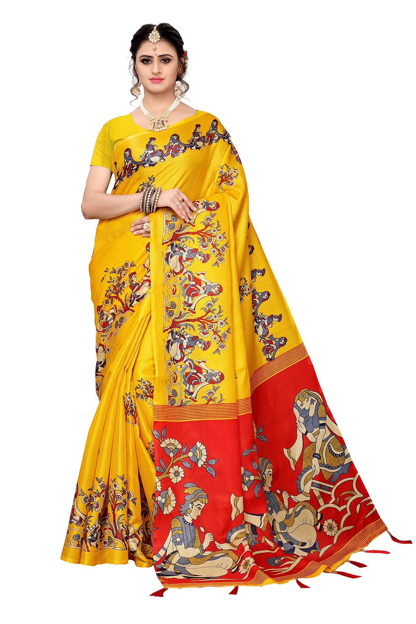 Anni Designer Women'S Yellow Color Khadi Silk Printed Saree Border Tassels With Blouse Piece(Couple Mehandi-Yellow-Latkan_Free Size),Yellow,Free Size