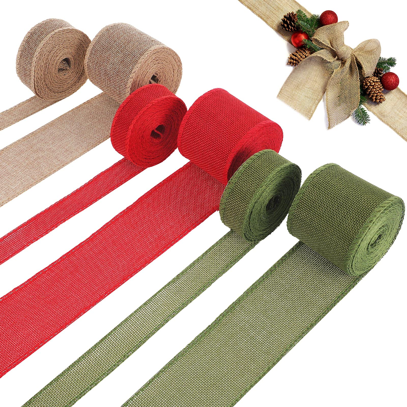 WILLBOND 6 Rolls 33 Yards Christmas Burlap Ribbon Fabric Wired Edge Green Red Natural Wrapping Ribbon Xmas Craft Farmhouse Decor