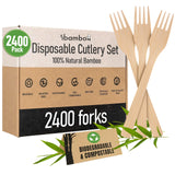 Ibambo 100% Bamboo Forks Set - Compostable Utensils Bulk (2400 Eco Friendly Forks) | Bamboo Cutlery Disposable or Reusable | Com