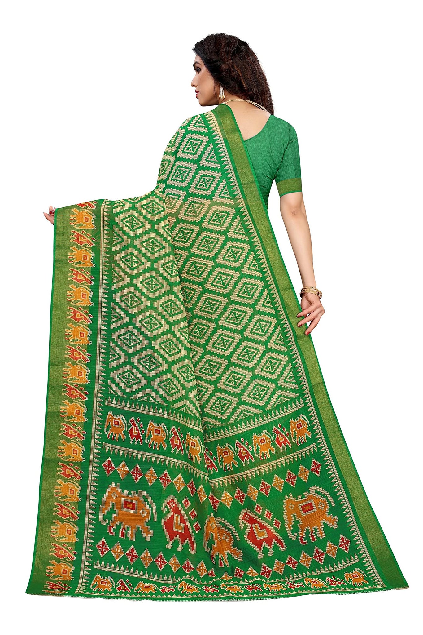 Gosriki Women'S Linen Cotton Floral Printed Saree With Blouse Piece (Lasya Green_Green),Green,,B097ZQQPW4