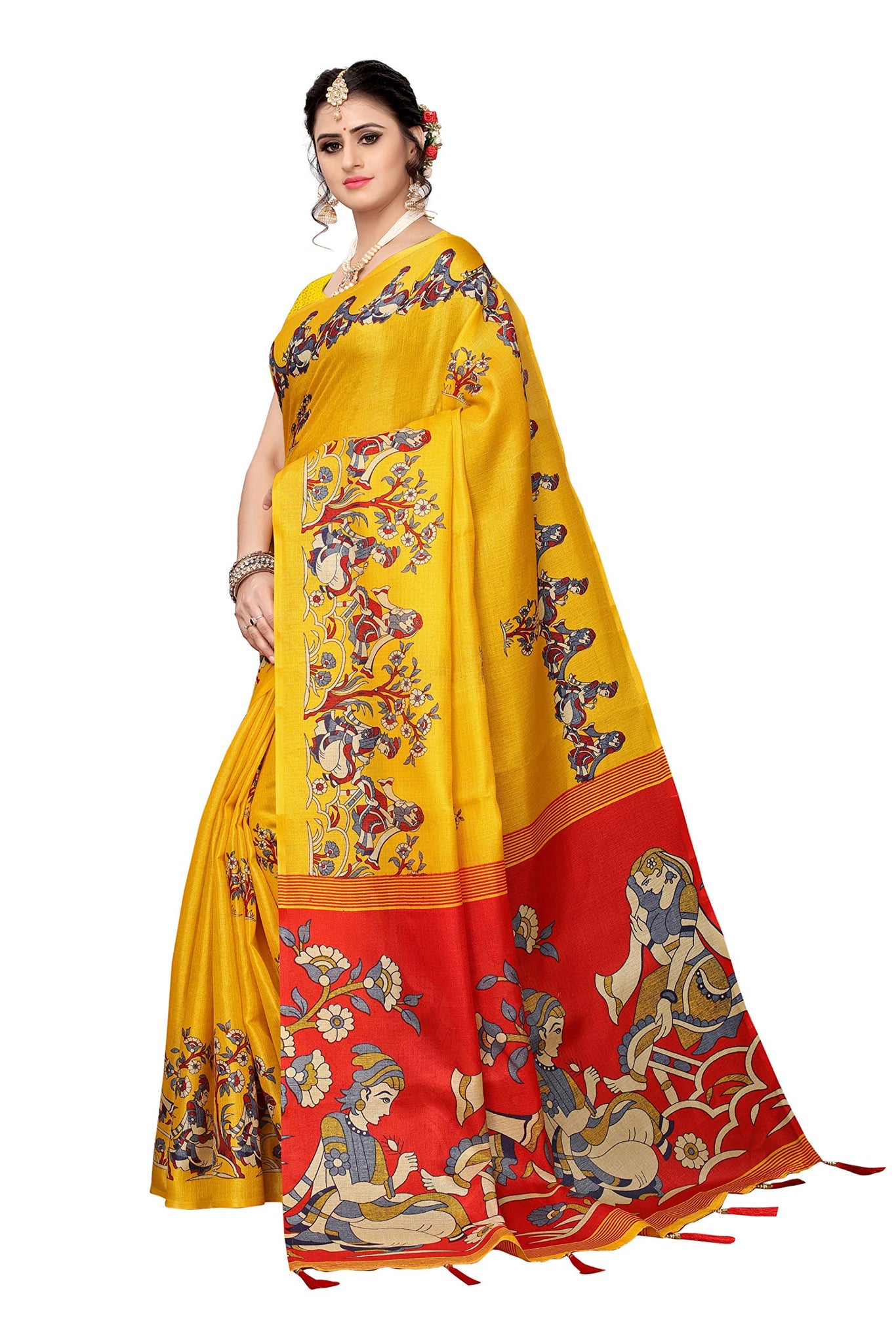Anni Designer Women'S Yellow Color Khadi Silk Printed Saree Border Tassels With Blouse Piece(Couple Mehandi-Yellow-Latkan_Free Size),Yellow,Free Size,khadi,with blouse piece,Saree