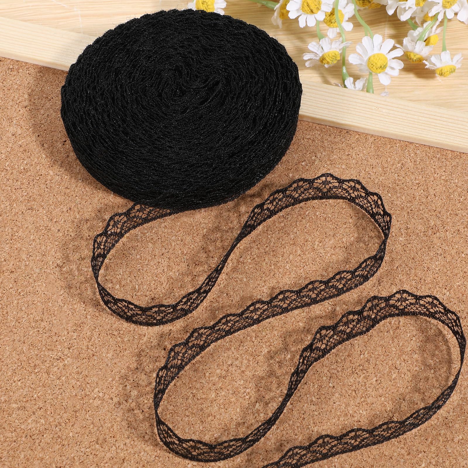 30 Yards Black Lace Ribbon Roll 0.6 Inch Wide Flower Fabric Lace Trim Roll Sewing Crafts Trim Ribbon for Wedding Decoration, Bou