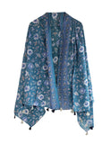 India Scarves Cotton Sarong Scarf, Teal Blue Floral Print, Paisley Border Design With Tassel Accents
