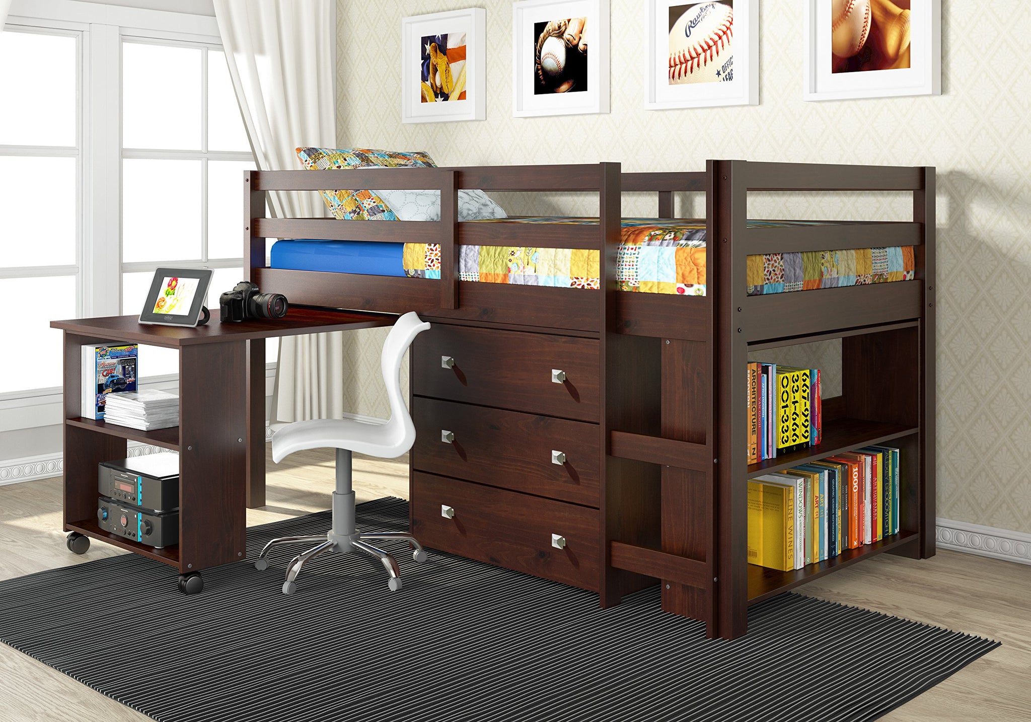 Donco Kids 760-Cp Low Study Loft Bed, Dark Cappuccino/White