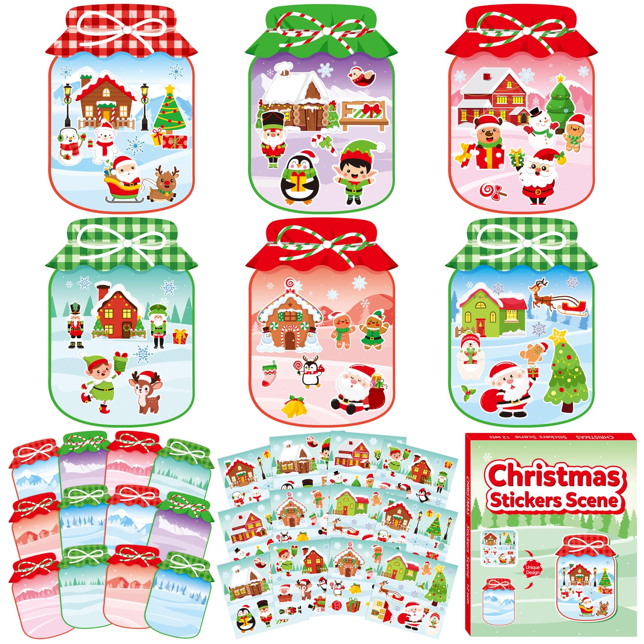 CY2SIDE Christmas Snowy Jar Scene Sticker - 12 Set Red and Green Winter Sticker Art Craft for Kids Holiday Project, Make a Snowy