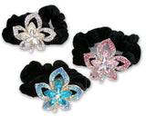 Jeweled Flower Elastic Hair Tie Scrunchies - Set of 3 - Clear - Pink - Blue Crystal Rhinestone Jewels - Hair Accessories - 1.75W
