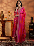 Libas Womens Printed Silk Blend Straight Kurta With Trousers And Dupatta Pink S 27889