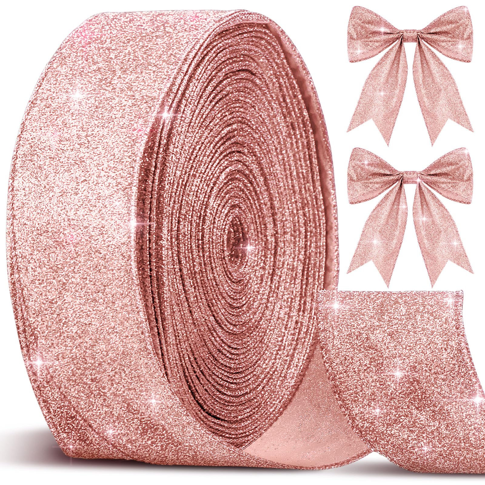 Cindeer 50 Yards Halloween Glitter Rose Gold Ribbon 2.5 Inch Christmas Diamond Bling Wired Edge Ribbon Holiday Fabric Bow Decora