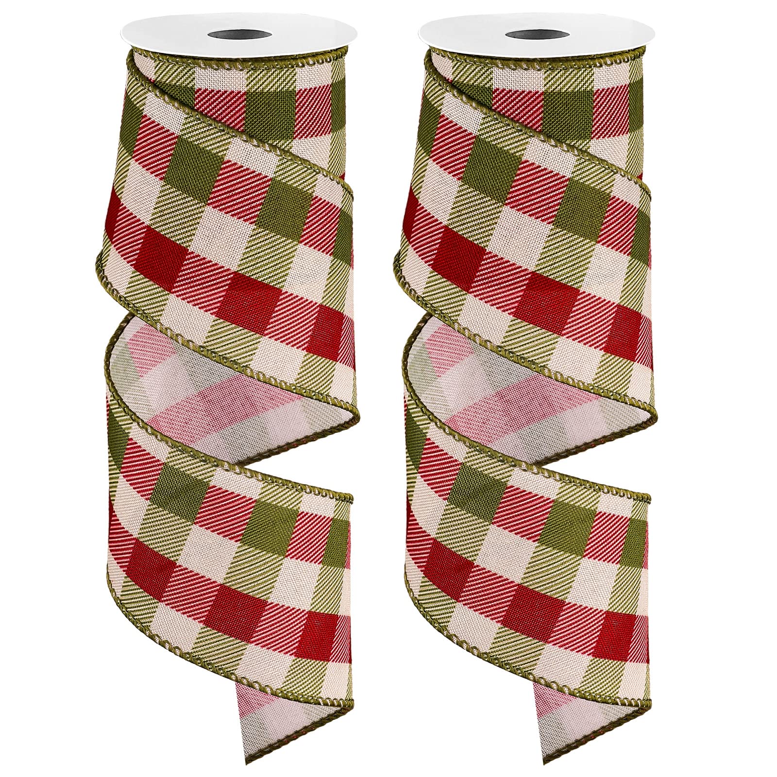 Whaline 2 Rolls Wired Edge Plaids Ribbon - Christmas Buffalo Check Red Green, 2.5 Inch Farmhouse Craft for DIY Gift Wrapping, Wr