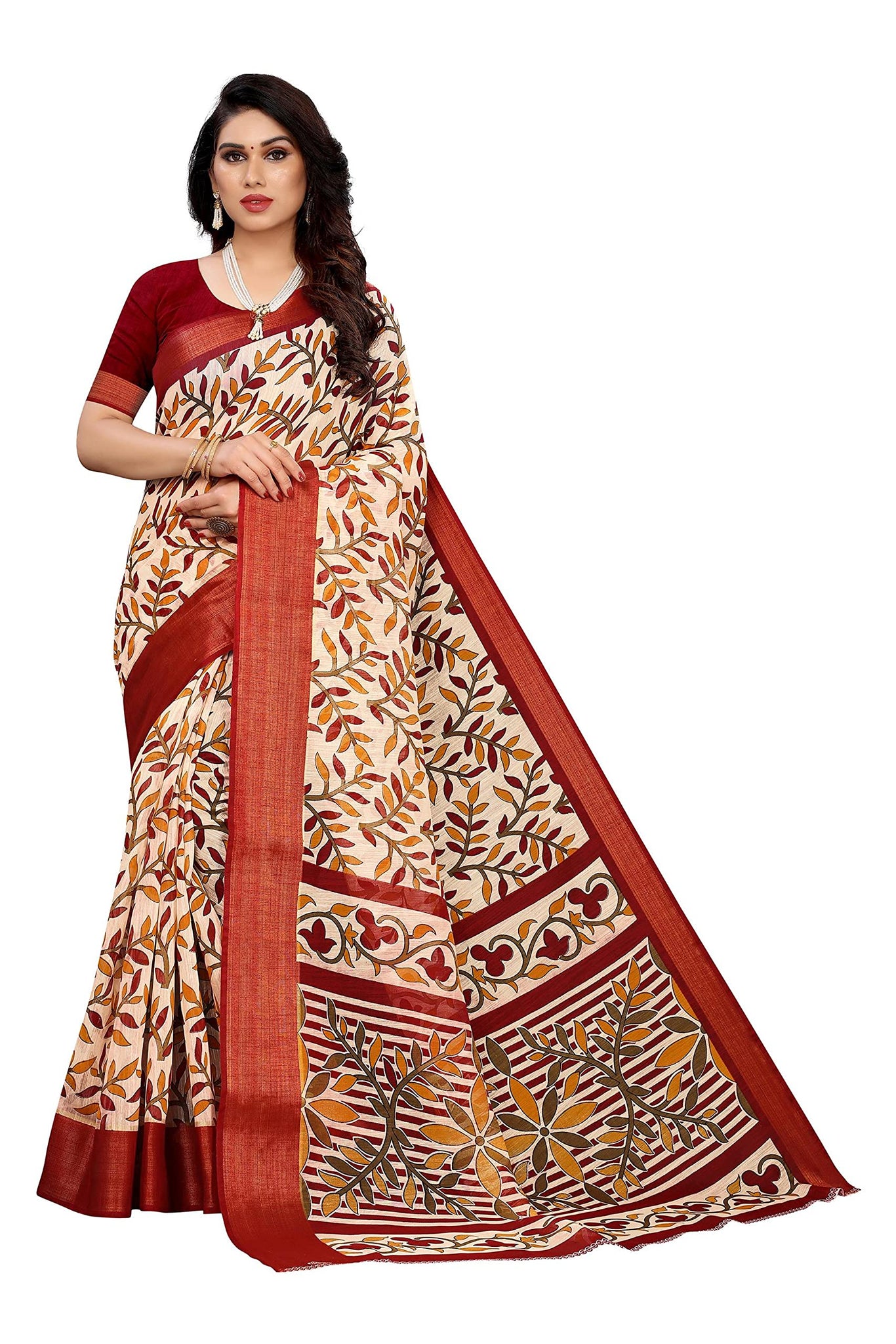 Anni Designer Women'S Linen Cotton Printed Saree With Blouse Piece (Parthi Maroon_Maroon),Maroon,Free
