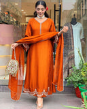 Anni Designer Women'S Rayon Viscose Anarkali Embroidered Kurta With Pant & Dupatta (Ranibai Orange-Vks01_Xl_Orange_X-Large),Orange,XL,,,