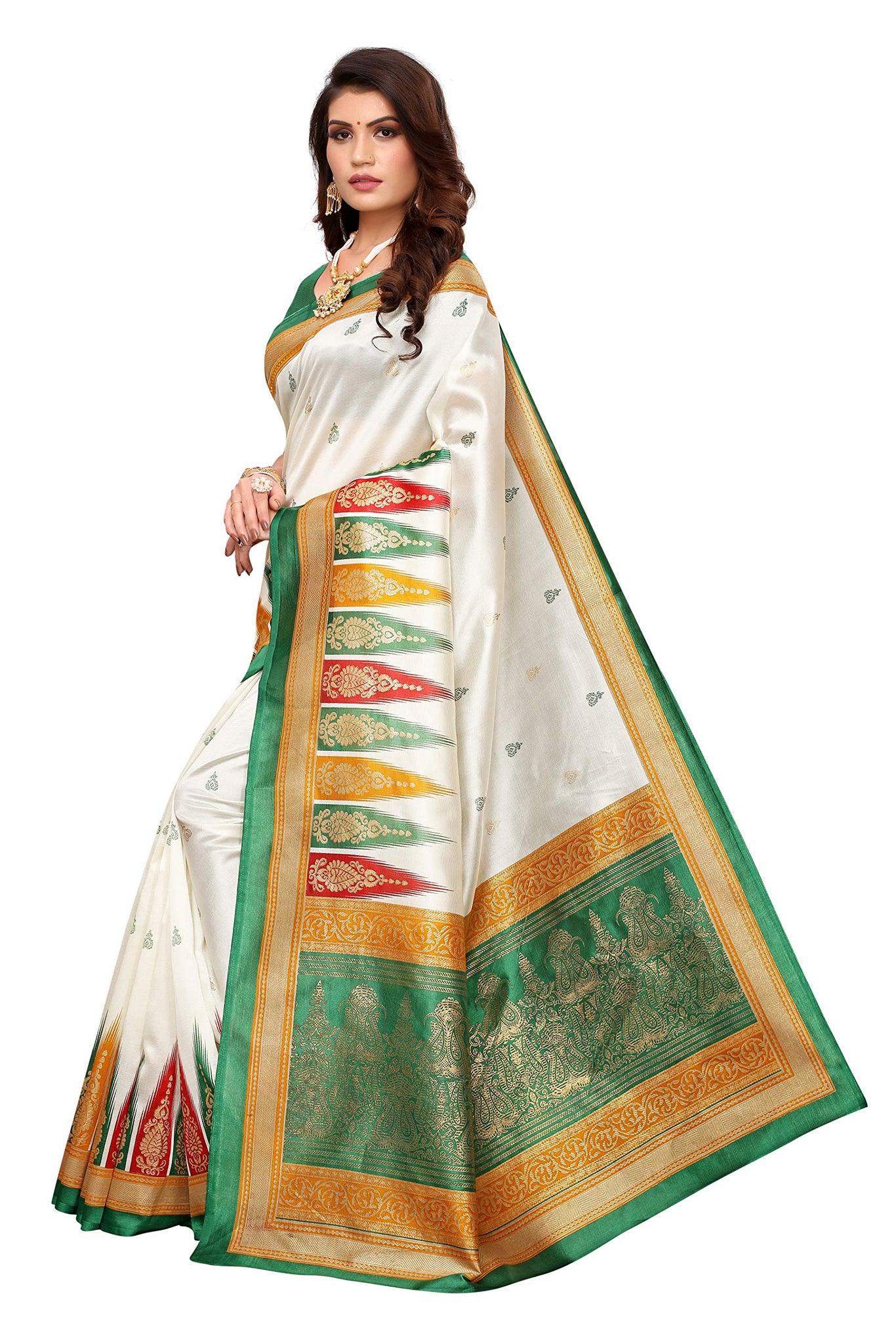 Anni Designer Art Silk With Blouse Piece Saree (Paroma-Green&White_1 Free Size),Green,Free Size,Art Silk,with blouse piece,saree