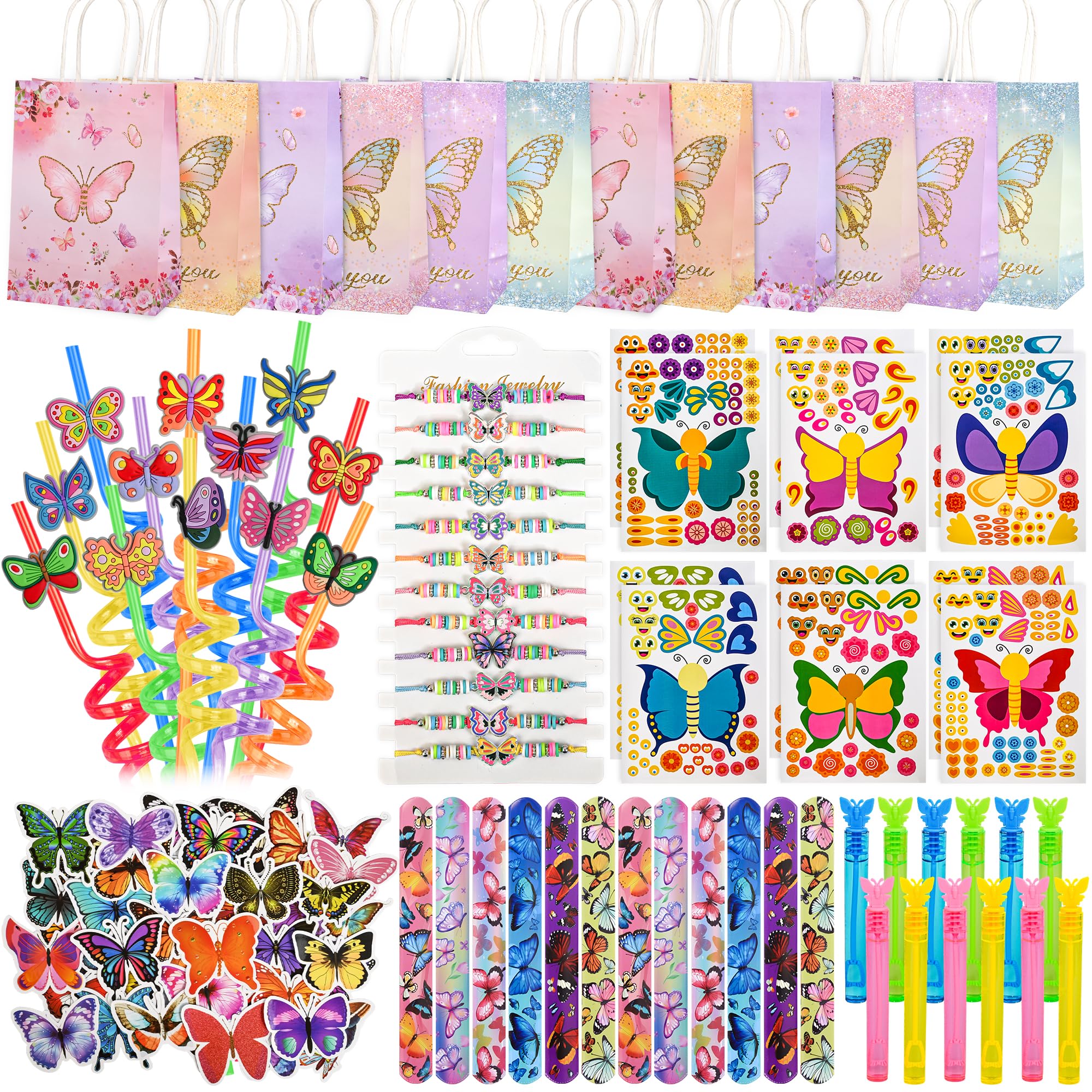LiYiQ 122 Pcs Butterfly Party Favors included Straw Slap Bracelets Make Your Own Butterfly Stickers and Gifts Bags for Butterfly
