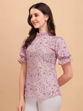 Wedani Women'S Casual Puff Sleeves Ruffled Collor Foral Top (Medium Purple),Purple,M,Rayon,Regular,