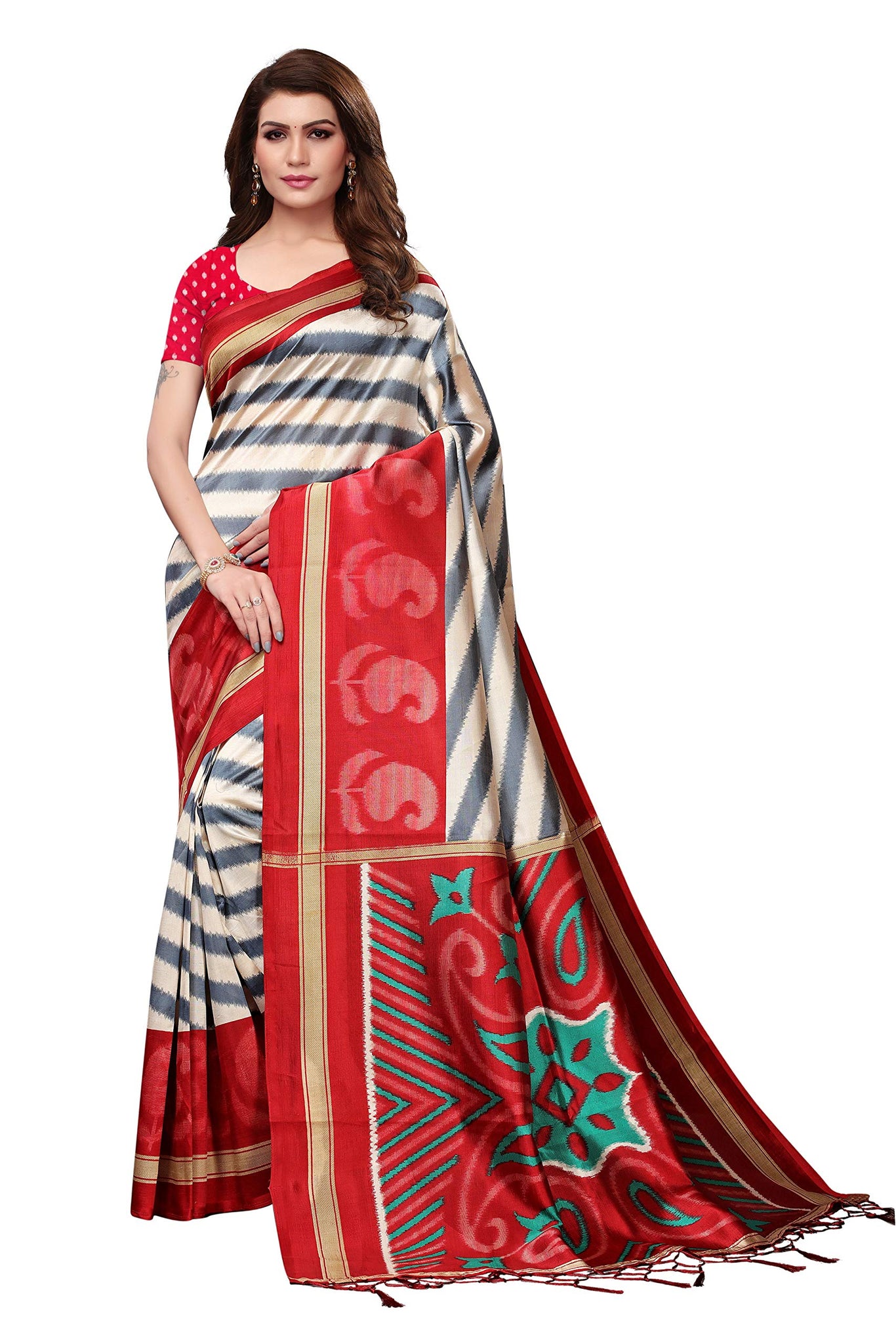 Gosriki Women'S Red Color Mysore Silk Printed Saree Border Tassels With Blouse Piece(Lucky-Red_Free Size),Red,,B07NHSRHMY