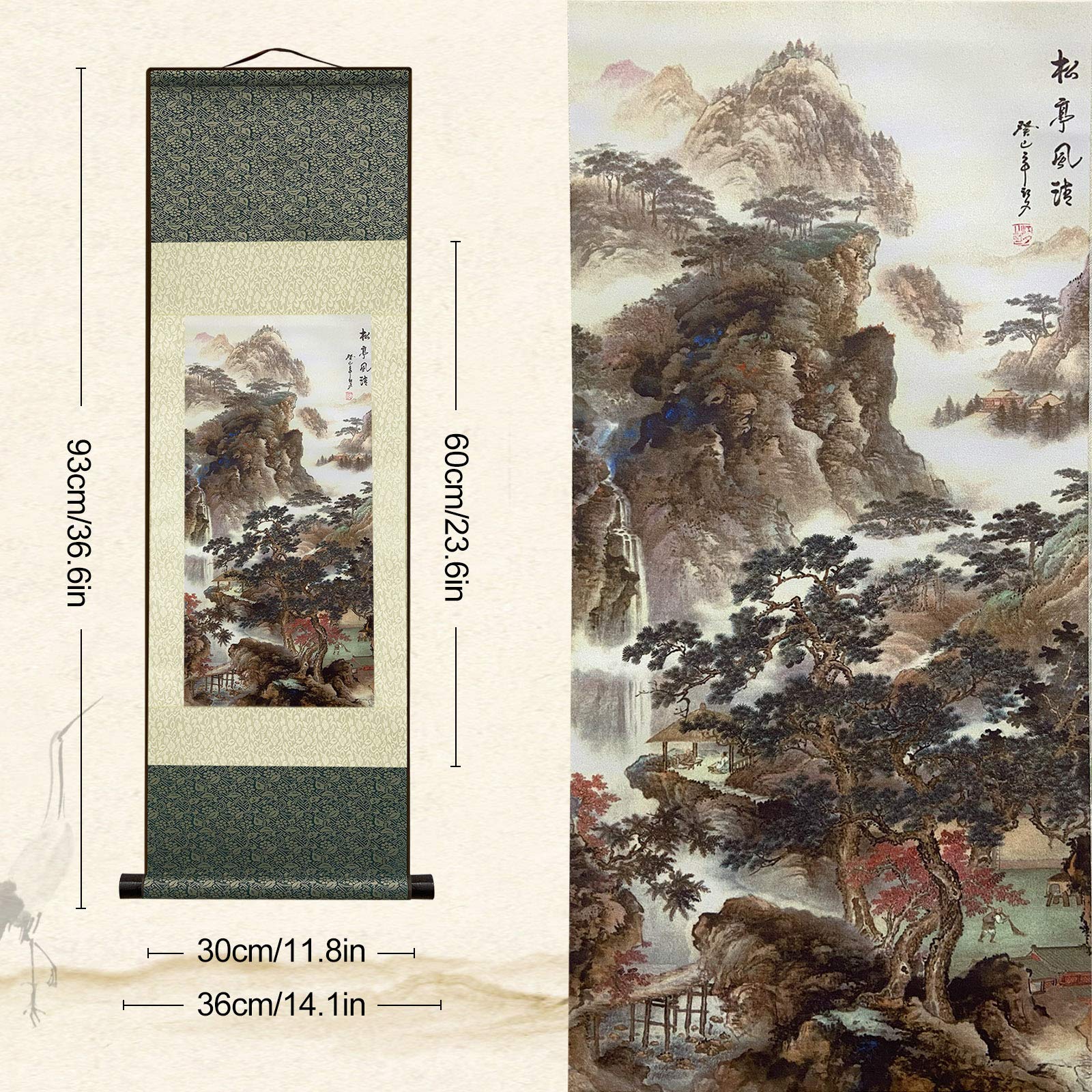 FOVNOT Chinese Landscape Painting Decor, Asian Decor for Home Beautiful Silk Scroll Painting Chinese Vertical Wall Art Oriental