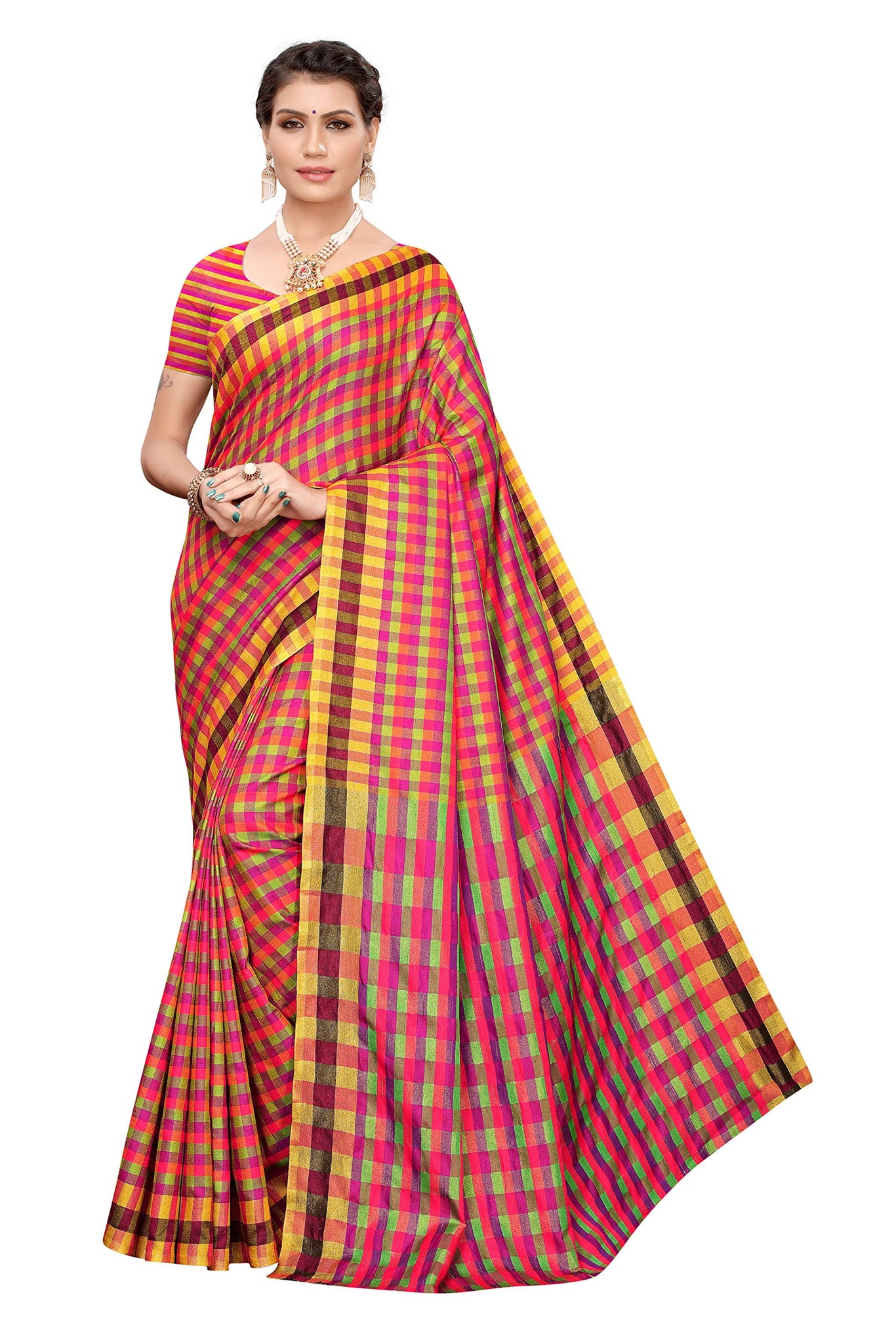 Gosriki Women'S Multicolor Cotton Blend Checks Print Saree With Blouse Piece(Stuti 20_Free Size),Multicolour,,B07WHQ7963