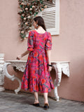 Smowkly Women'S Georgette Floral Printed Indo-Western Ethnic Gown || Half Sleeve V Neck Fit & Flare Flared Hem Design || Casual Wear A-Line Maxi Dress 1324_Pnk_L Pink