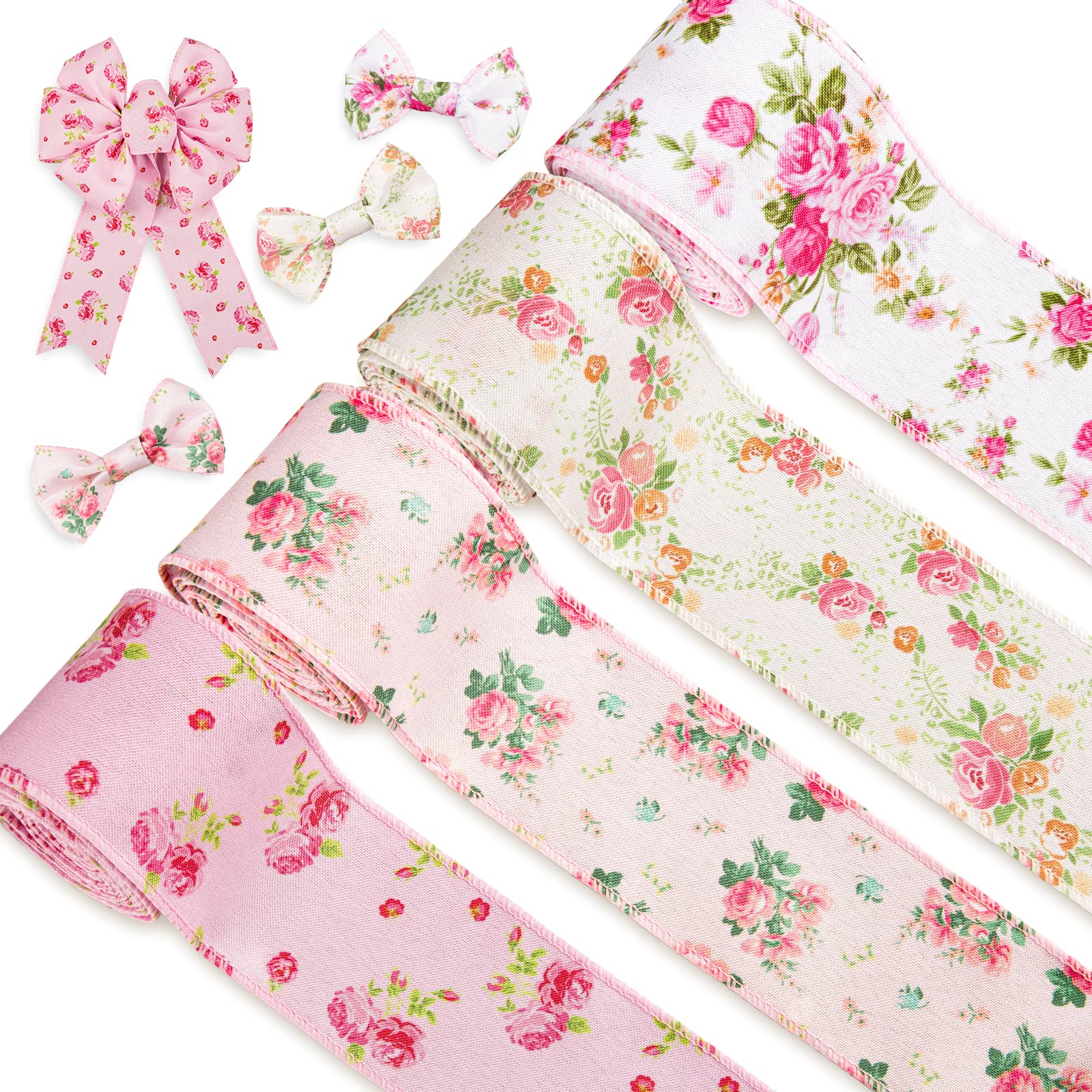 Whaline Pink Floral Wired Edge Ribbon 4 Rolls Rose Flower Pattern Ribbon Spring Summer Fabric Decorative Craft Ribbons for Mothe